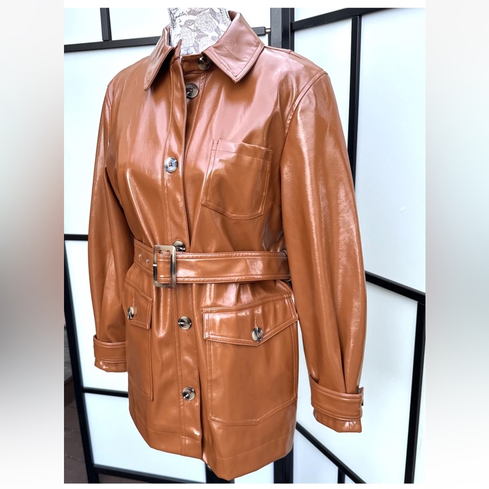 Topshop Women Casey Brown Belted Glossy High Impact Button Front Vegan Jacket - Picture 3 of 15